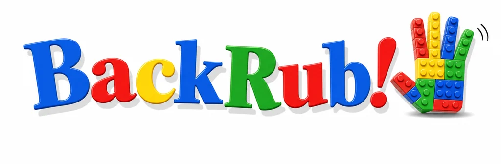 BackRub!, a colorful serif wordmark with a brick-built high-five hand